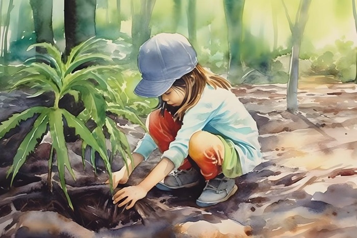 森林种植小女孩土地手绘插画海报素材背景(5376x3584)