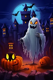 万圣节鬼魂城堡恐怖蝙蝠搞怪插画背景