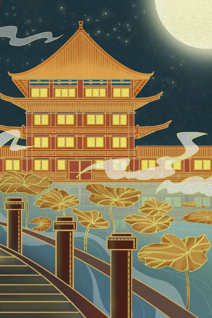 中国风国潮古建筑地标城市古风建筑阁楼印象地标手绘插画PSD素材psd模版下载