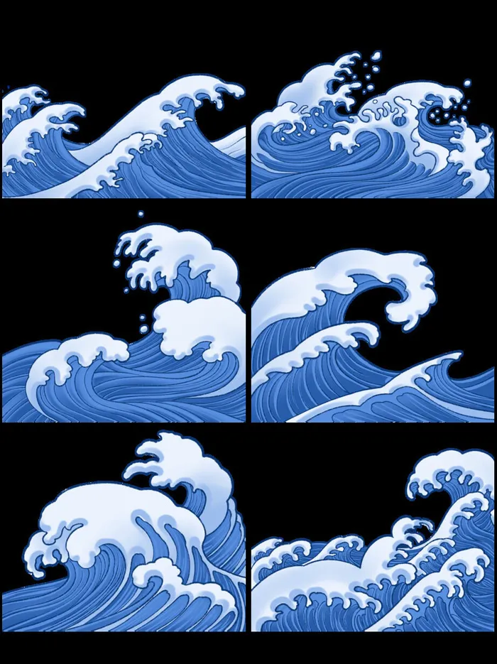 中国风国潮插画海浪波浪背景装饰浪花图案元素(3072x4107)psd模版下载