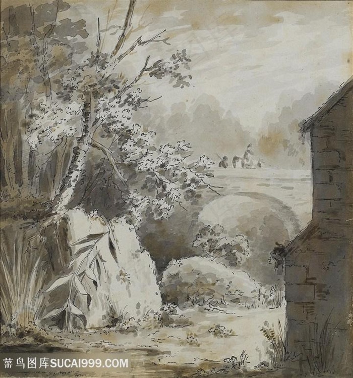 康斯坦布尔油画手绘农房道路美景