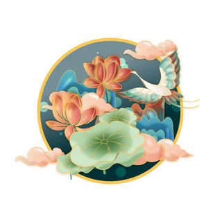 中国风国潮仙鹤山水插画手绘元素场景AI设计模板