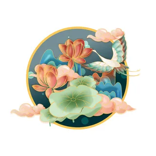 中国风国潮仙鹤山水插画手绘元素场景AI设计模板