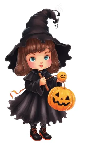 黑色女巫手拿南瓜灯万圣节卡通插画免抠