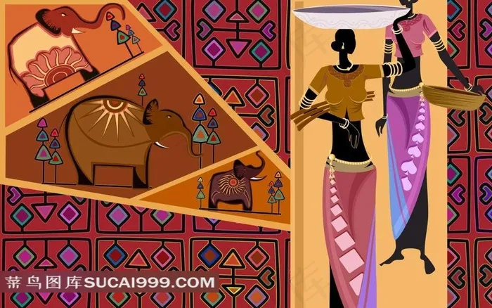 大象民族少女插画素材 大象民族少女插画素材