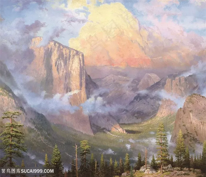 迷雾山脉水彩油画风景画插画