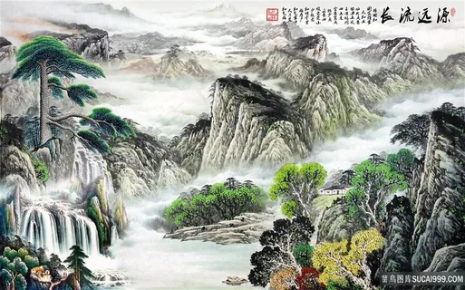 流水生财风景字画高清分辨率喷绘打印办公室挂画素材山水花草