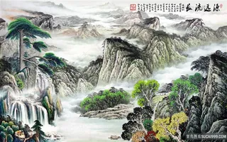 流水生财风景字画高清分辨率喷绘打印办公室挂画素材山水花草