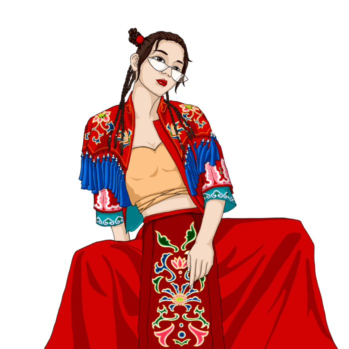 国潮风美女妇女节卡通插画人物手绘画屌帅风
