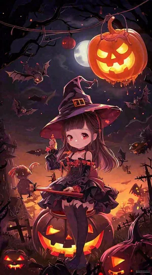 万圣节夜晚黑色南瓜恐怖卡通小鬼手绘插画