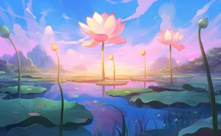 夏日荷花池塘天空插画背景