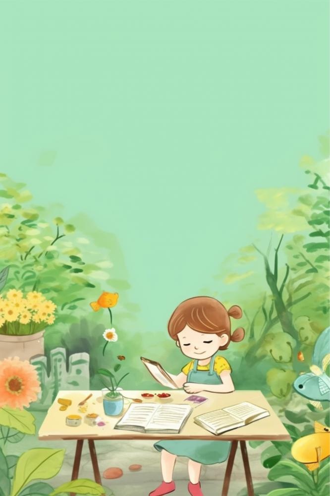 女孩学习读书绘画绿色海报背景