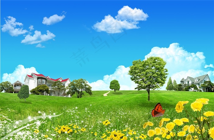 蓝天白云草地韩式自然背景