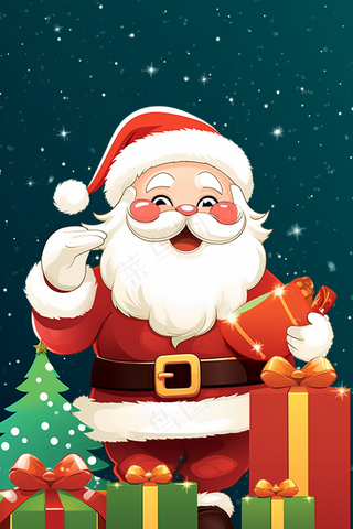 圣诞老人圣诞树礼盒卡通插画背景