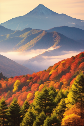 秋天的金黄红色森林山川风光摄影图