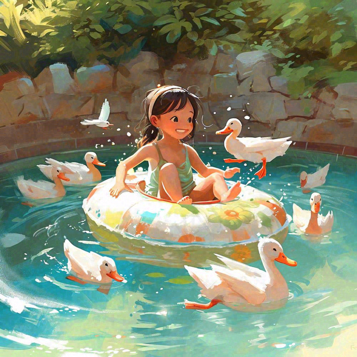 泳池游泳戏水池塘鸭子动物玩乐，阳光夏天暑期(1024x1024)