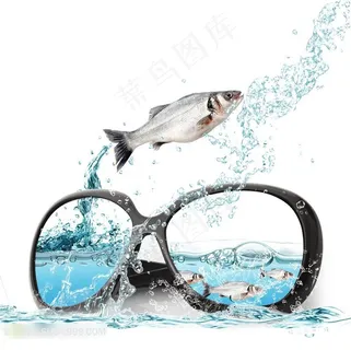 潜水镜和跳跃起来的鱼图片素材