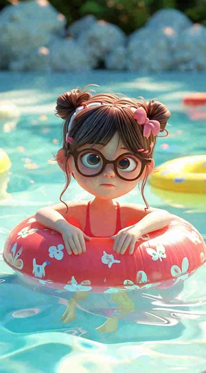 夏日卡通少女泳池游泳玩耍运动，夏天暑期