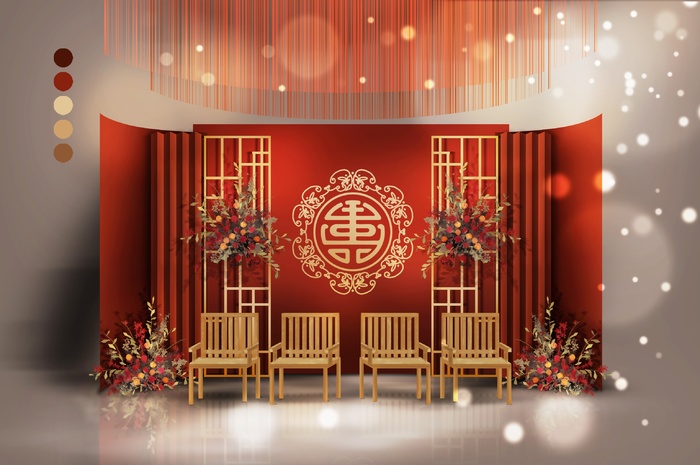 红色中式传统宴会迎宾区效果图psd模版下载