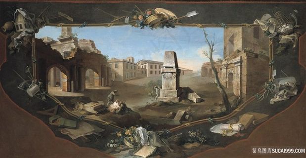 景观的建筑和方尖碑前景破碎周围