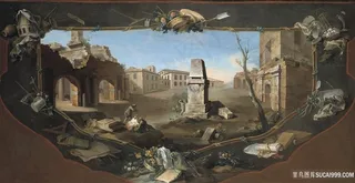 景观的建筑和方尖碑前景破碎周围