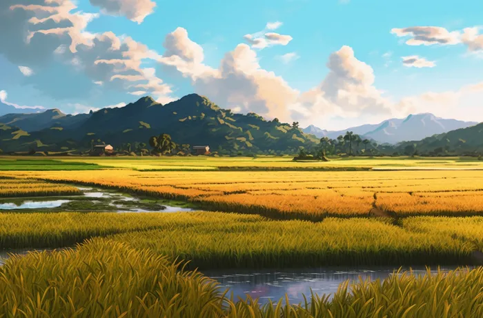 背景为蓝天的稻田深黄色稻谷插画背景(4080x2688)