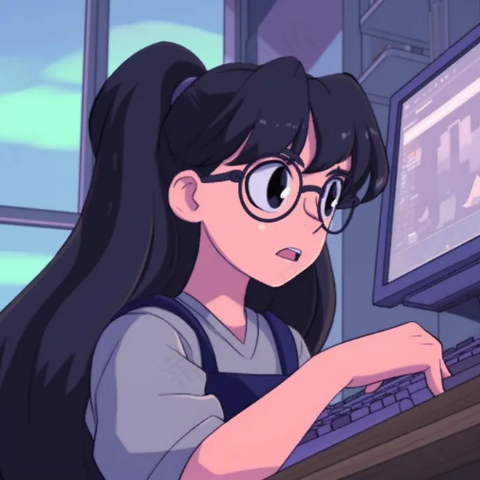 动漫女电脑前的少女头像插画素材背景(1024x1024)