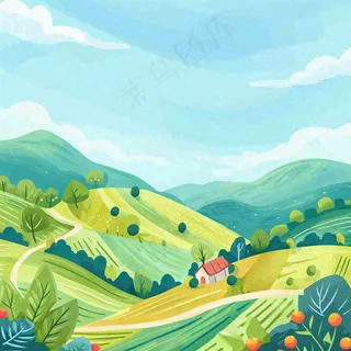 春天清新山脉田间草地绿植手绘插画