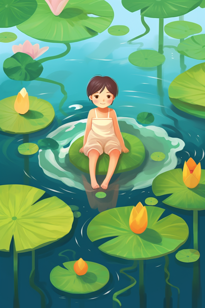 夏日女孩在睡莲荷叶水里玩水水里泛起碧波卡通插画(x)