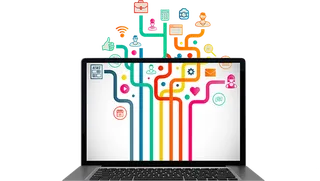 电脑彩色线条画卡通科技kv主视觉素材