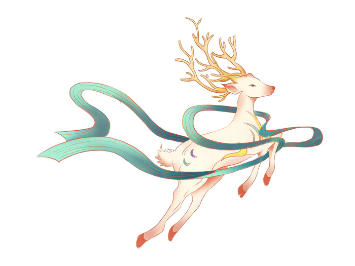 手绘国潮中国风敦煌神话九色鹿仙鹿麋鹿白鹿插画装饰PSD设计素材