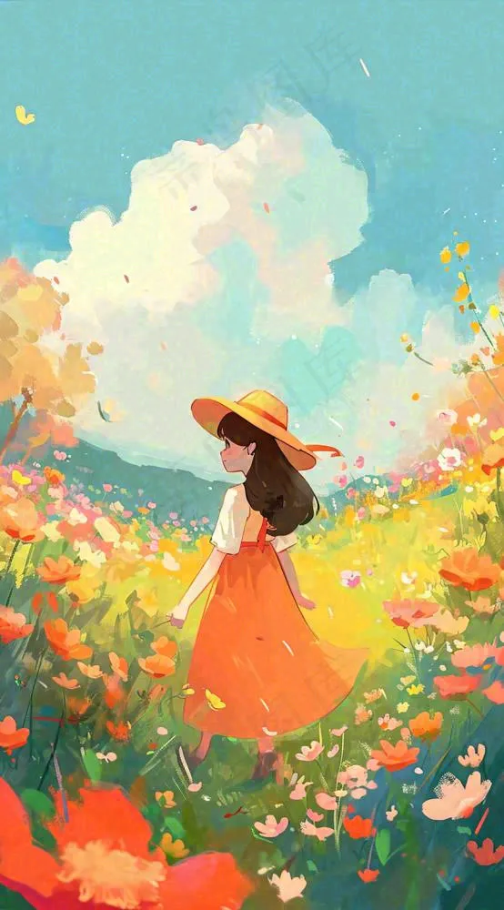 油画女孩春天踏青郊游山脉鲜花草地，春分，插画手绘(816x1472)