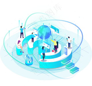 蓝色手机上网办公扁平图