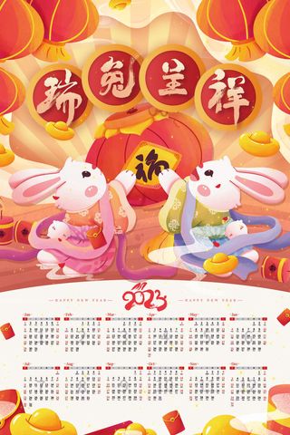 2023年兔年挂历瑞兔呈祥效果图模板