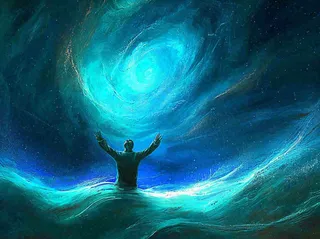 夜晚天空科幻绚丽星空下的人，暗黑天蓝