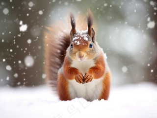 白雪地的红松鼠白雪摄影图