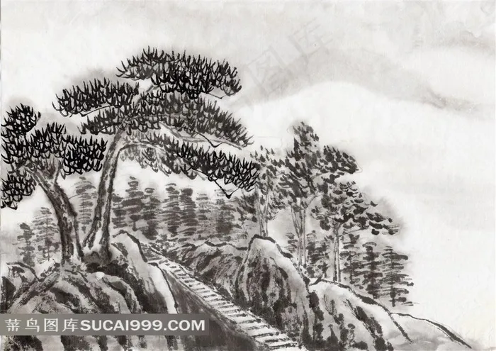 山峰上的松树水墨画