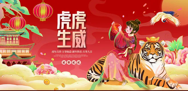 虎年新年海报展板psd模板虎年插画