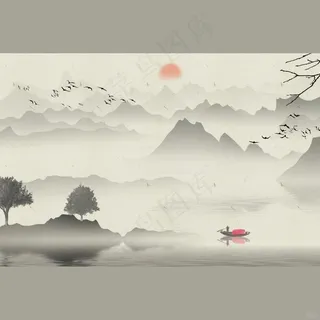 意境幽远的中国风山水画插画