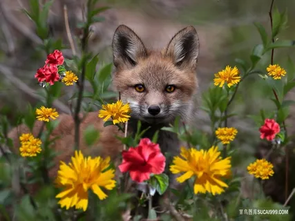 鲜花从中冒头可爱野生小狐狸图片