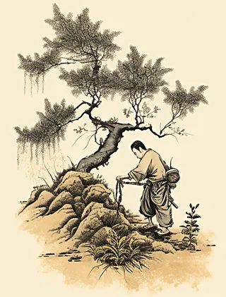 国画采药播种耕种图