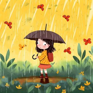 春天下雨天小女孩拿着雨伞在森林里漫步绿色黄色手绘插画海报素材背景