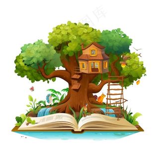 大树上的木屋树屋书本卡通插画免抠