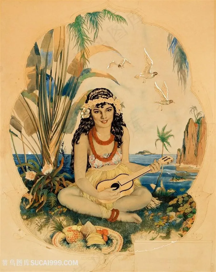 美人图吉他美女湖畔风景画