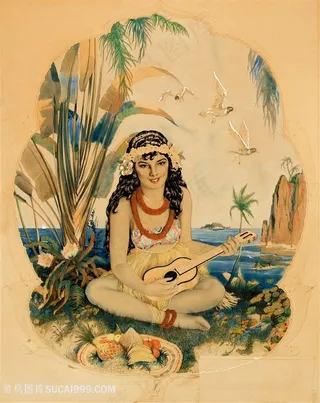 美人图吉他美女湖畔风景画