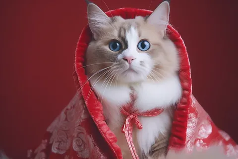 布偶猫咪披着红色披风在红色背景