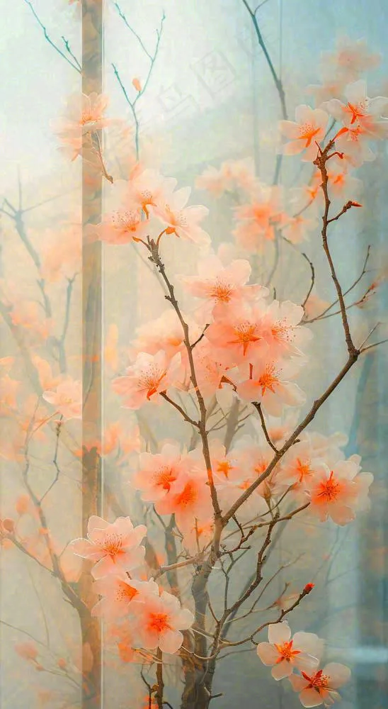 春天窗台橙色渐变鲜花，朦胧枝叶，春节立春(816x1488)