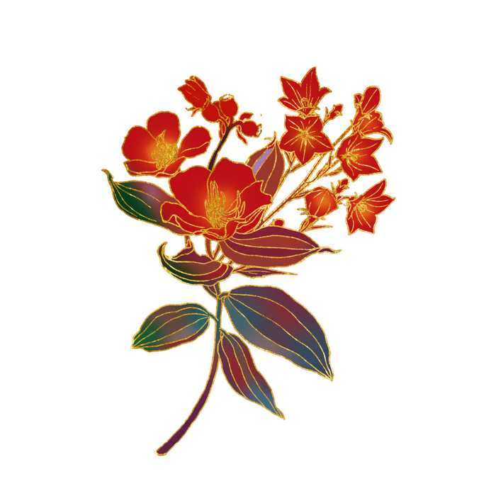 国潮风立体浮雕金边手绘花朵花卉PSD设计PNG免扣图片元素素材