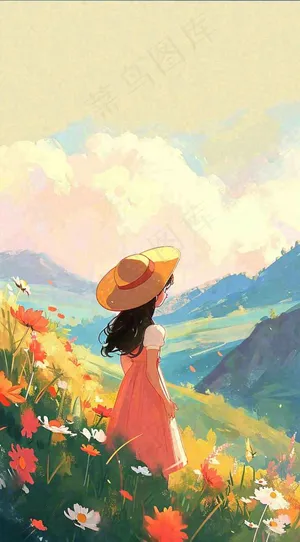 油画女孩春天踏青郊游山脉鲜花草地，春分，插画手绘