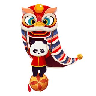 新年春节虎年元宵手绘人物舞狮卡通狮子头插画元素PSD设计素材